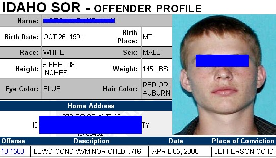Example sex crime registry entry