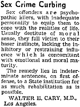 Sex Crime Curbing, Letter to the Editor, Los Angeles Times, January 12, 1950